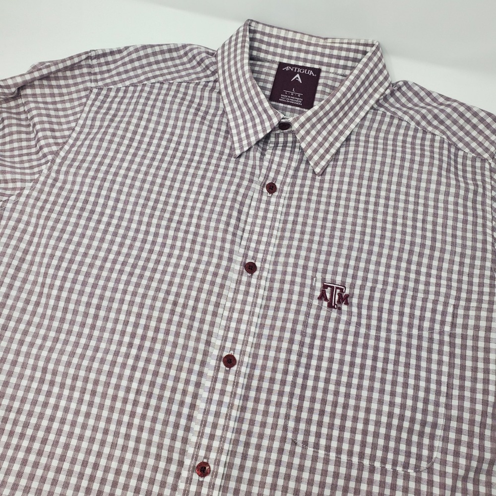 Texas A&M Aggies Antigua Mens Long Sleeve L Button-Up Maroon Gingham Shirt